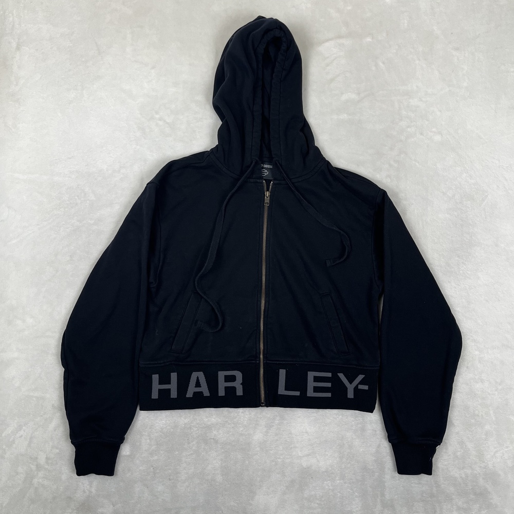 Harley-Davidson Hoodie Sweatshirt Womens Medium Black Cropped Full Zip Fleece